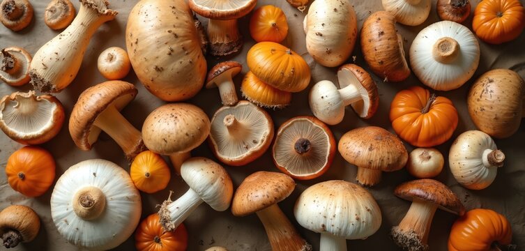 Assorted edible mushrooms and small pumpkins laid on textured brown surface. Variety of fungal caps gills stems visible. Autumn harvest ingredients for cooking. Healthy food collection.