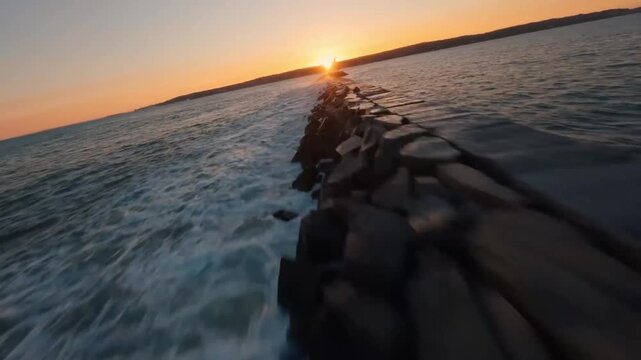 FPV Drone Aerial of Eastern Point Lighthouse at Sunset