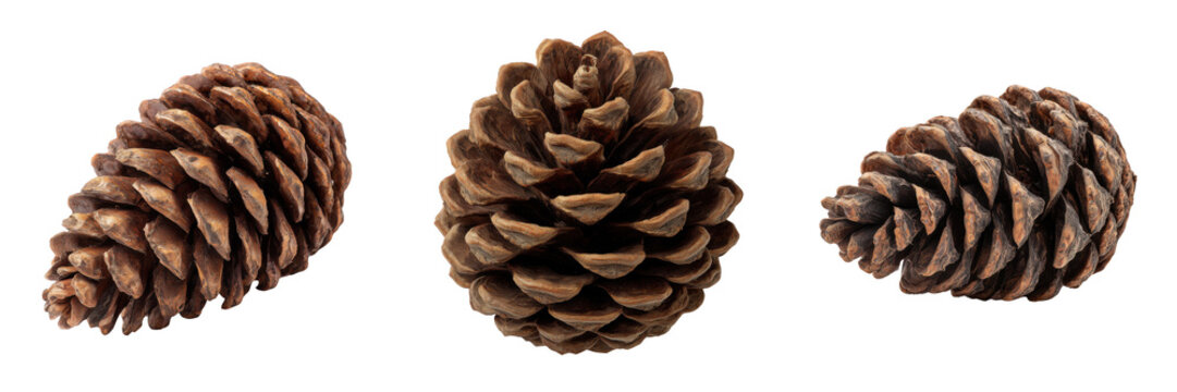 Three brown pine cones on black isolated on a transparent background