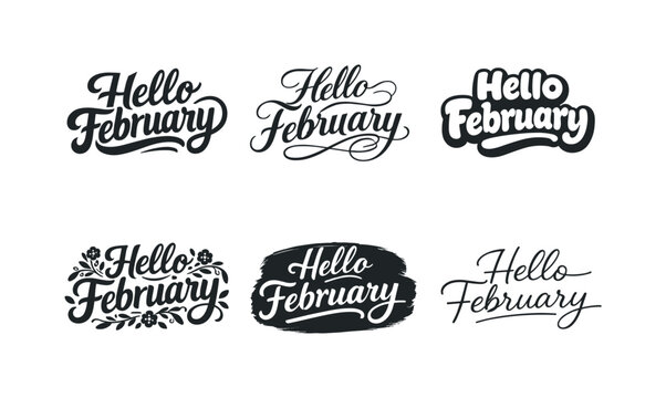 February Lettering Styles. Hello February. Set lettering. harmonious lettering variations of the same emblematic concept, each with different