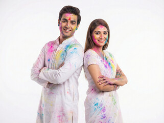 colorful holi celebration featuring young indian married couple with vibrant gulal colors expressing festive happiness isolated on white background
