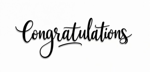 Elegant cursive text says Congratulations. Black lettering on a plain white background. Ideal for cards greeting messages celebrating success and achievements.
