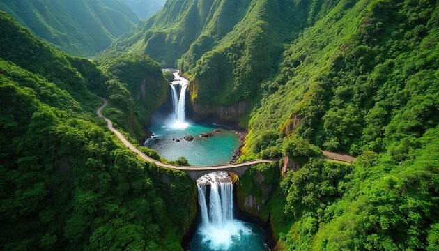 Deep green jungle valley with multiple waterfalls. A winding road crosses a stone bridge connecting steep cliff sides. Turquoise pools collect clear water from cascades.