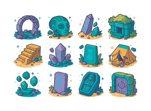 Alien Ruins Icons. Ancient alien ruins. Colorful isometric vector icons set of Ancient alien ruins: broken stone ring portal, fallen alien statue head,