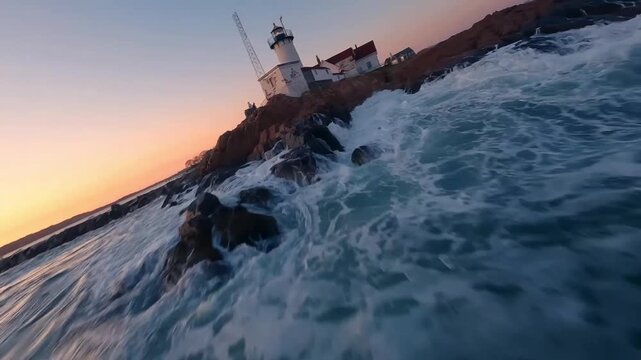 FPV Drone Aerial of Eastern Point Lighthouse at Sunset
