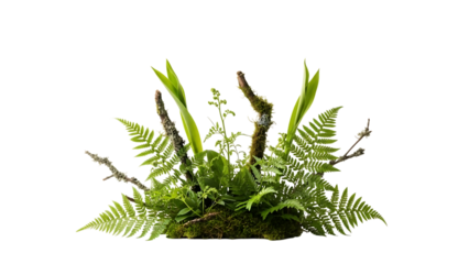 Lush green fern fronds and mossy branches on black background nature