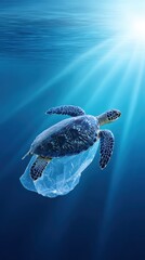 Sea turtle swimming gracefully underwater, entangled in plastic waste, highlighting the impact of pollution on marine life and the urgent need for environmental conservation efforts