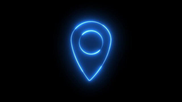 Neon blue color location sign animation icon glowing map place travel tracking address navigation global positioning information icon sign symbol with black background