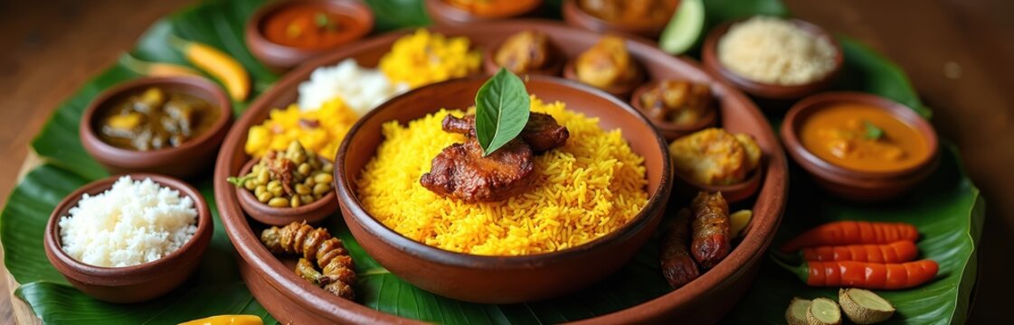 Authentic Sri Lankan rice, curry platter with yellow rice, chicken, vegetables, various curries. Traditional meal served on banana leaves. Culinary feast offers diverse tastes, healthy nourishment.