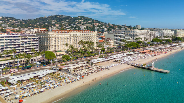 Aerial view of the beautiful beach in Cannes, France