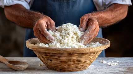 Hands of a mature man, covered in flour, are skillfully kneading dough in a rustic kitchen, surrounded by wooden utensils and natural light, showcasing traditional baking techniques