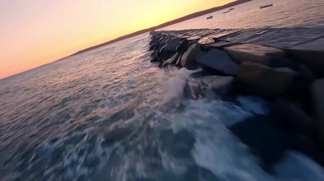 FPV Drone Aerial of Eastern Point Lighthouse at Sunset