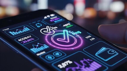 Smartphone screen displaying financial analytics and trading interface with charts and graphs. - Powered by Adobe