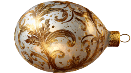 A beautifully decorated Christmas ornament with gold floral patterns on a white background