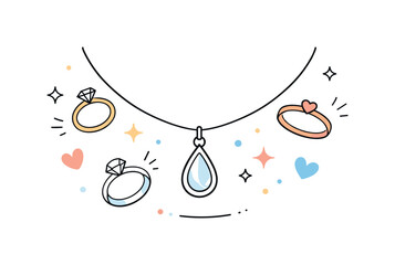 Elegant Jewelry Design. Jewelry and Rings Concepts. Delicate necklace with pendant and small ring icons floating nearby, arranged in a balanced decorative