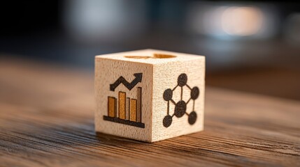 Wooden cube featuring two icons, one a bar graph with an upward arrow, the other a molecule illustration, sits on a wooden surface