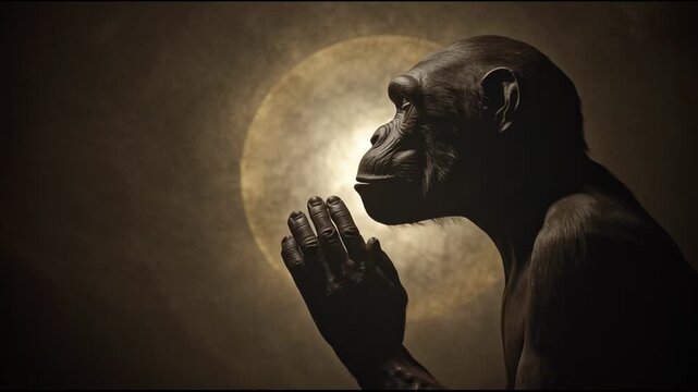 Chimpanzee in contemplative pose with dramatic lighting