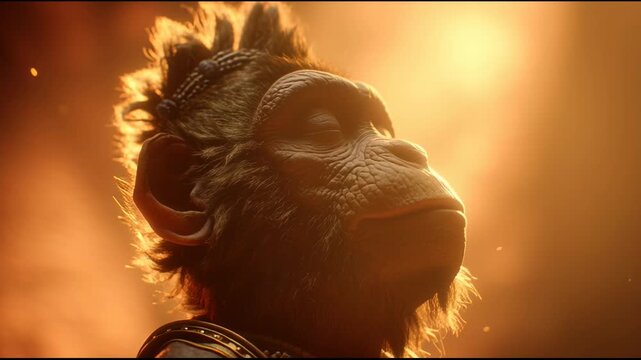 Close-up of a chimpanzee in warm golden lighting with serene expression