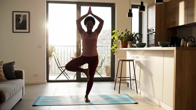 Young woman practicing yoga at home, finding balance and peace in her living room.