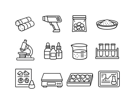 Ore Analysis Icons. Ore sampling and analysis. Line icon set of Ore sampling and analysis: rock core sample, handheld analyzer, sample bag, assay dish,
