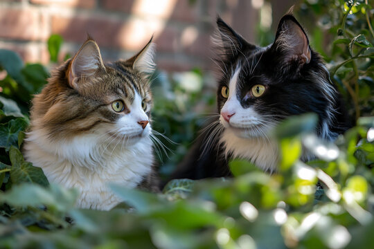 Generative ai image of beautiful tabby cat with golden eyes looking up peacefully while sitting in green summer garden - Powered by Adobe