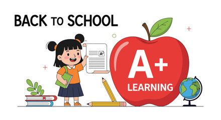 Happy schoolgirl celebrates academic success with an A+ report card, surrounded by educational symbols for back to school and learning.