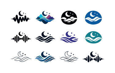 Relaxing Sound Logos. Relaxing sounds for sleep. Icon set. Set Logo of relaxing sounds for sleep: melodic wave pattern. harmonious logo variations of the same