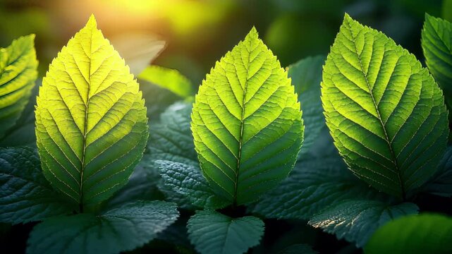 Vibrant green leaves in the sunlight, a close-up view of natures beauty.