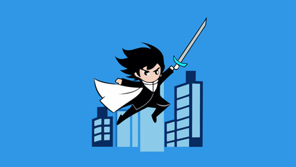 A stylish cartoon illustration of a heroic character in a suit and cape leaping over a modern city skyline holding a sword