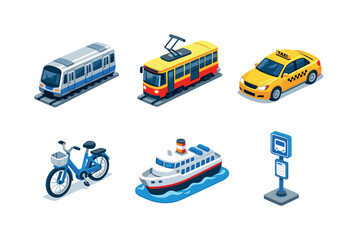 Fototapeta premium Isometric City Transport Icons. City Transport. Isometric flat vector icons set of City Transport: subway train, tram car, city taxi, rental bicycle, ferry