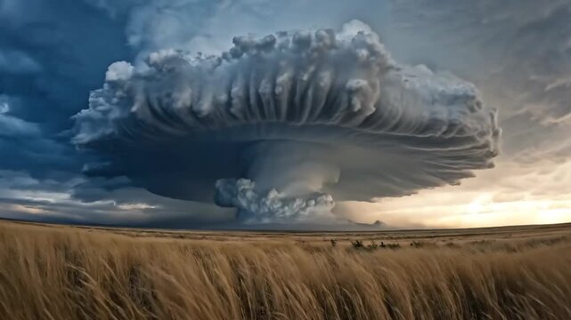 Dramatic Supercell Thunderstorm Cloud Formation Over Vast Rural Landscape.