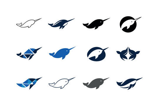 Marine Mammal Icons. Marine mammals. Icon set. Set Logo of Marine mammals: narwhal tusk shape. harmonious logo variations of the same emblematic concept, each