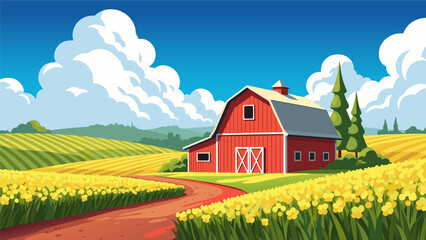 A vector illustration of a red barn with farm fields and trees under a blue sky with white clouds © PDWN Creative