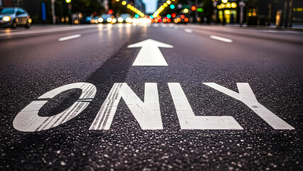 City Road with Directional Arrow and 'ONLY' Sign at Night