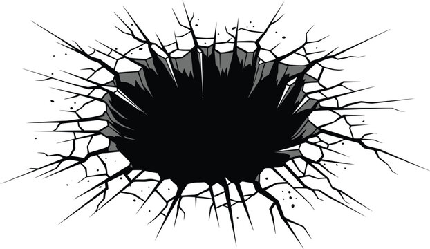 Dramatic cracked hole in wall with sharp edges and debris