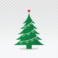 Fototapeta premium Green Christmas tree icon with a red star topper and white string lights. Festive illustration perfect for holiday branding, winter greeting cards, seasonal promotions, and December events.