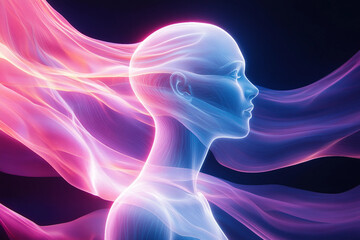 Dreamy ethereal human figure emerging from swirling colorful light smoke mystical atmosphere, created generative ai technology