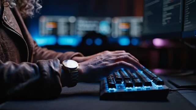 Typing hands on mechanical keyboard. Hands type code on monitor at computer. Programmer and coder work together. Developer or hacker focus on cybersecurity. Workstation conveys technology and focus.