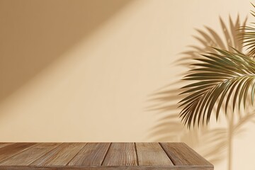 Beige Background With Wooden Table And Palm Leaf Shadow