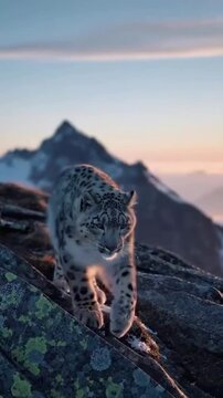 A Majestic Snow Leopard Roaming the Rugged Mountain Terrain at Dusk, Displaying its Unique Pattern and Graceful Movement Against a Breathtaking Landscape