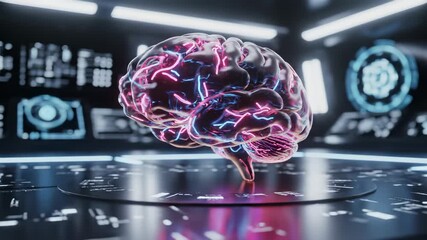 Digital brain glows with neural activity on futuristic platform in lab. Holographic brain displays AI technology. Digital mind shows neural signals. Brain with electric activity in tech lab. - Powered by Adobe