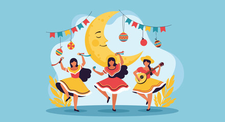 Naklejka premium Three women in traditional attire dance and play music under a smiling crescent moon with festive decorations, celebrating a cultural festival.