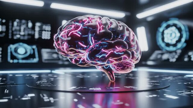 Digital brain glows with neural activity on futuristic platform in lab. Holographic brain displays AI technology. Digital mind shows neural signals. Brain with electric activity in tech lab.