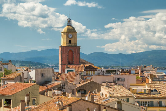 Clock tower of the Church of Our Lady of the Assumption in Saint-Tropez, French Riviera.