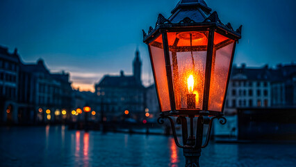Vintage street lamp glowing warmly over a serene cityscape canal at dusk
