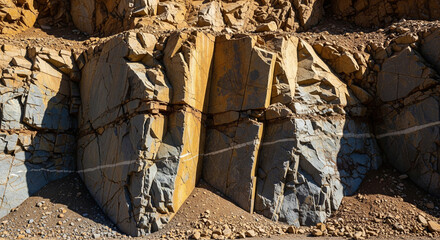 Quarry wall with mineral veins, exposed mineral veins with geological wall texture and quarry rock formation, suitable for editorial use, geology articles, and industrial background imagery.