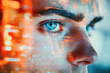 Generative AI glitch art composition of male female face merged with digital code and futuristic visual interference effect