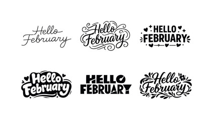 Creative February Typography. Hello February vibes. Set lettering. harmonious lettering variations of the same emblematic concept, each with different artistic