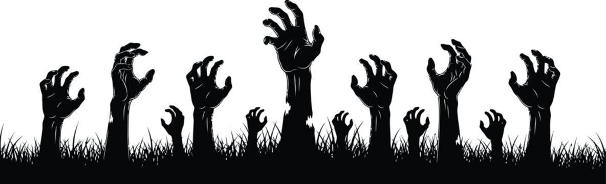 Zombie hands reaching out from grassy ground in eerie silhouette