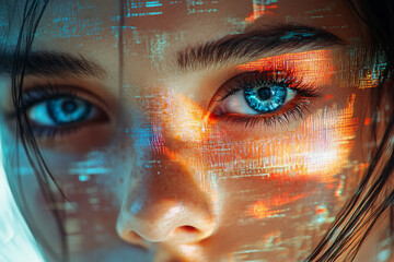 Generative AI glitch art composition of male female face merged with digital code and futuristic visual interference effect